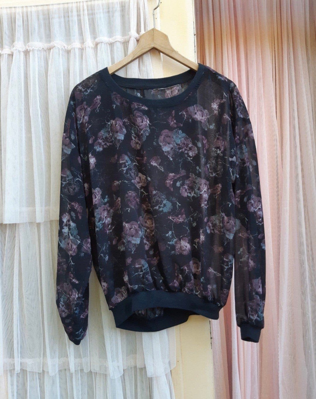 Made in Italy zwart roze top silk shirt semi transparant S M, Maat 38/40 (M), Made in Italy, Zwart, Ophalen of Verzenden