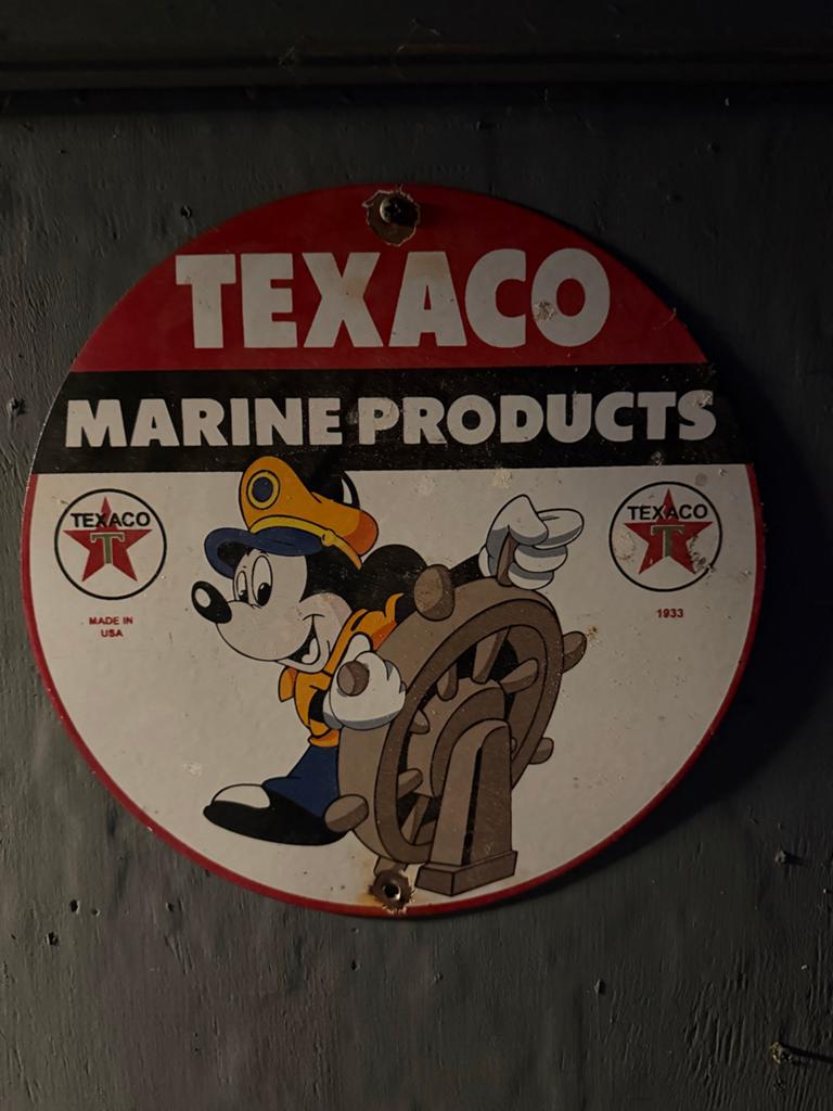 Vintage Texaco Marine Products Emaille Reclamebord Mickey Mo, Verzenden, Mickey Mouse, Gebruikt, Overige typen