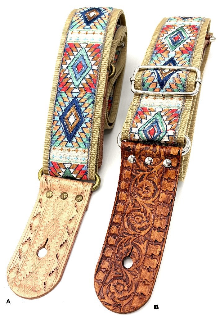 Gitaarband leer Stof023 turkoise rood barok classic bohemian, Verzenden, Nieuw, Akoestische gitaar