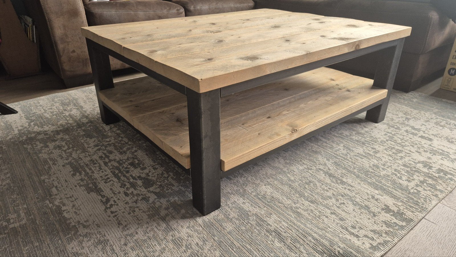 Steigerhouten salontafel industrieel, Huis en Inrichting, Tafels | Salontafels, Ophalen, Gebruikt, 50 tot 100 cm, Vierkant