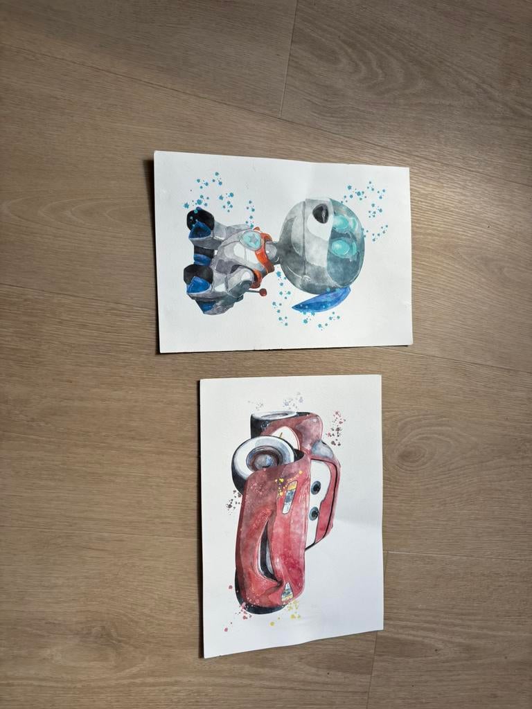 Aquarel verf schilderijen van mcqueen en robodog, Ophalen of Verzenden, Zo goed als nieuw
