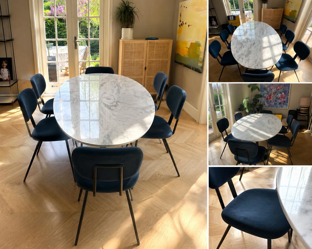 Luxe marmeren eettafel + 6 originele Otis velvet stoelen, Huis en Inrichting, Ophalen, 100 tot 150 cm, 200 cm of meer, Zo goed als nieuw
