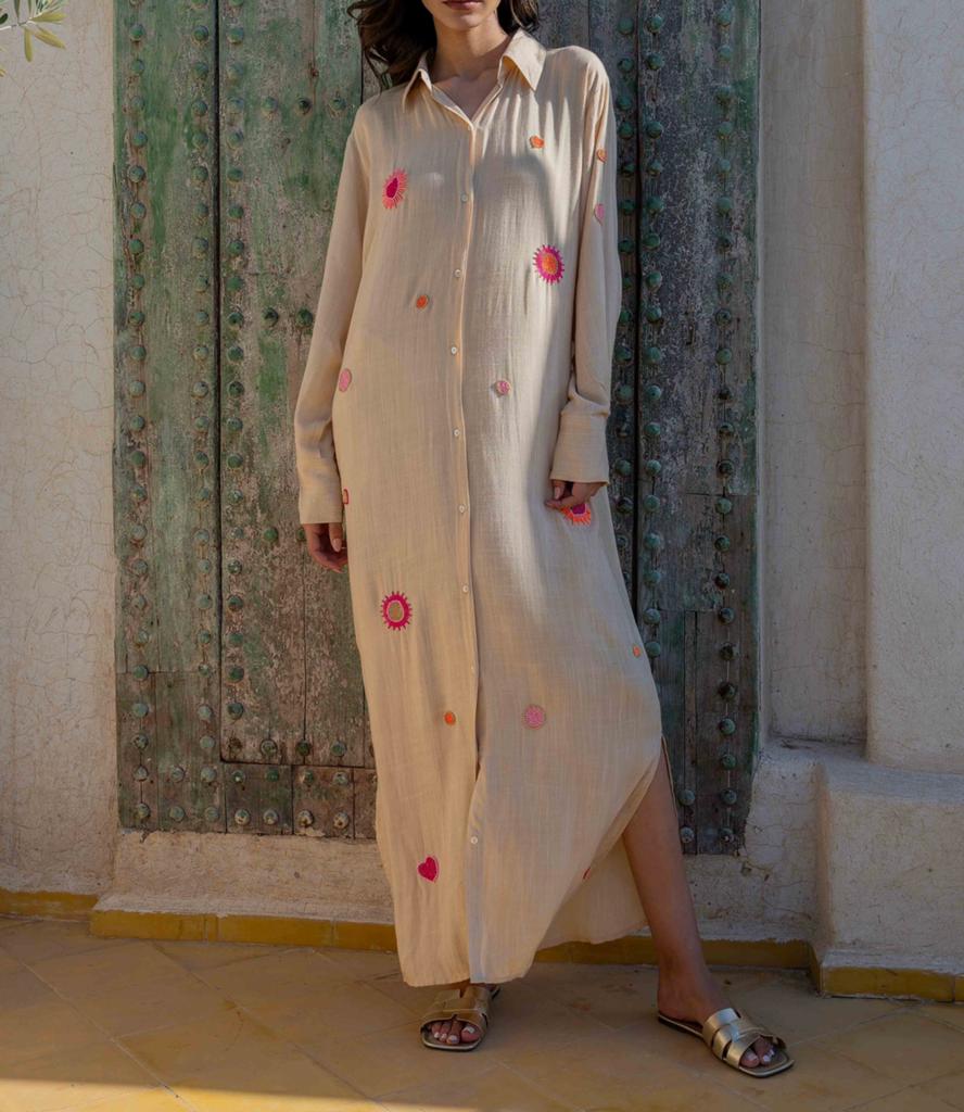 BIANCA lange jurk beige met kraaltjes Ibizastyle mt TU