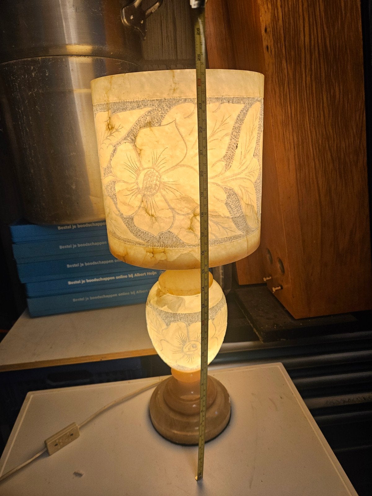 Vintage Albasten Tafellamp met Bloemmotief, Ophalen of Verzenden