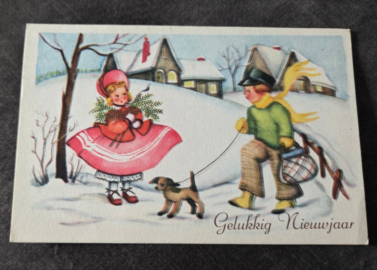 Vintage Gelukkig Nieuwjaar kaart met kinderen en hond, Verzenden, 1940 tot 1960, Gelopen, Feest(dag)
