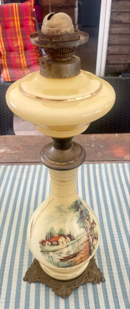 Antieke olielamp met landschapsschildering, Antiek en Kunst, Ophalen