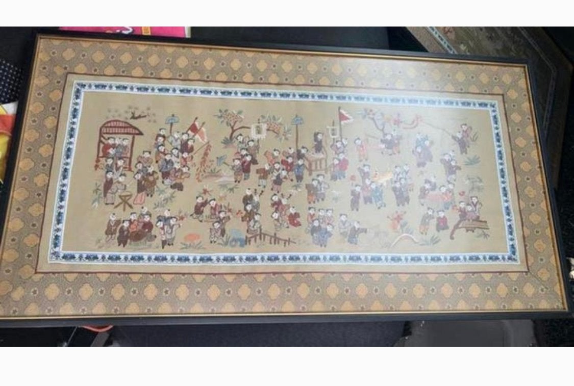 Chinese vintage zijde borduurwerk verhaaldoek, handgemaakt, Antiek en Kunst, Kunst | Niet-Westerse kunst, Ophalen of Verzenden