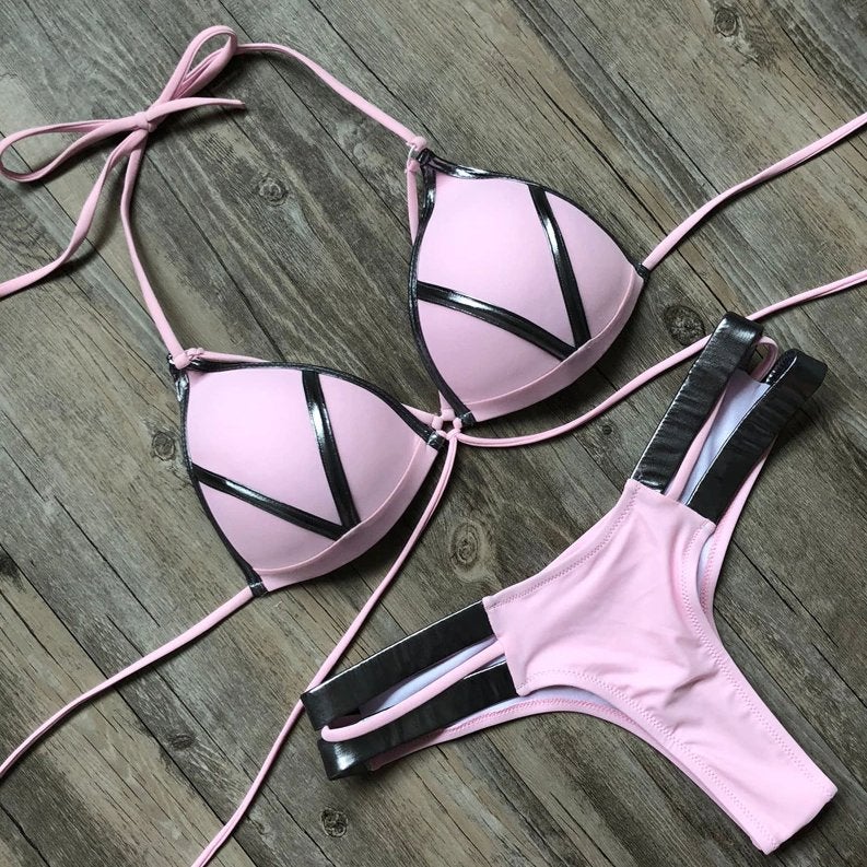 Roze zwarte push up string bikini dames vrouwen voorgevormde, Verzenden, Nieuw, Meerkleurig, Bikini