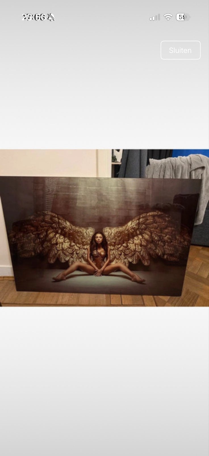 Modern schilderij met engelenvleugels, Antiek en Kunst, Ophalen, Figuren, Print, Op houten frame