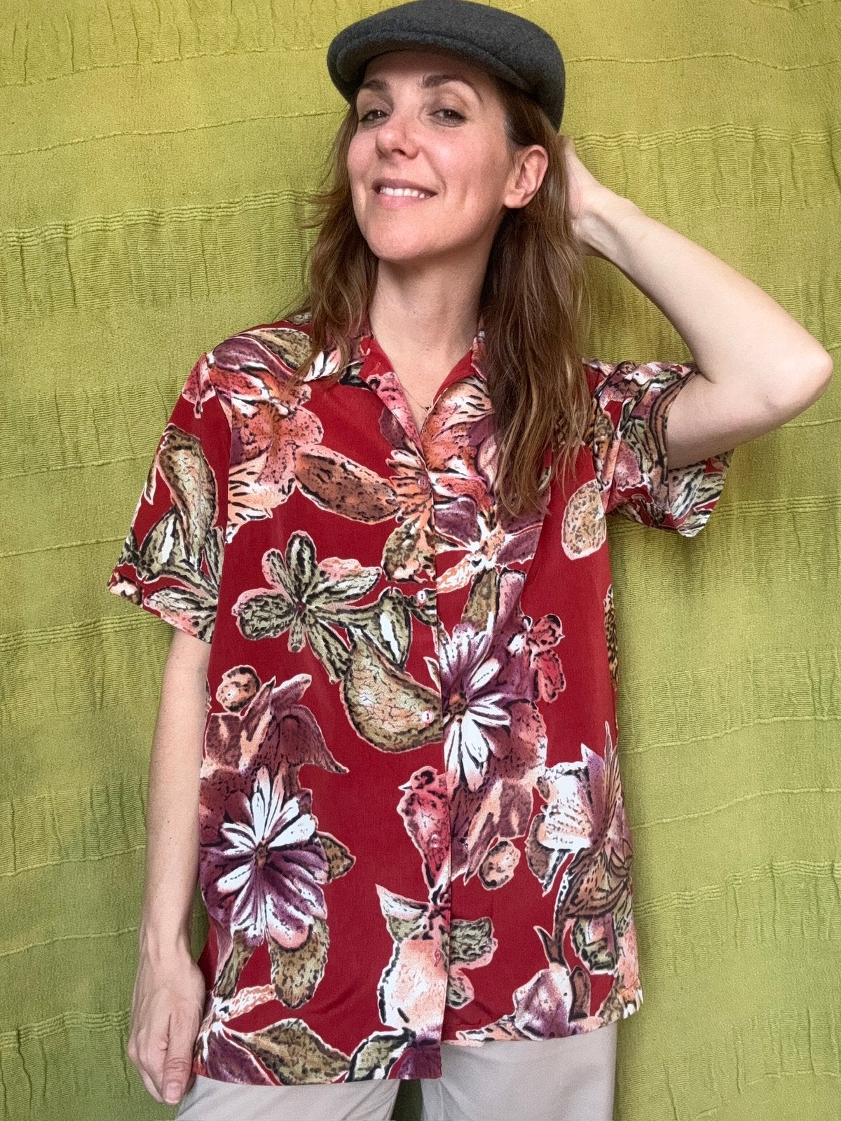 Vintage blouse / shirt - rood - print - L/40/large, Maat 38/40 (M), Hgv, Hgv, Ophalen of Verzenden