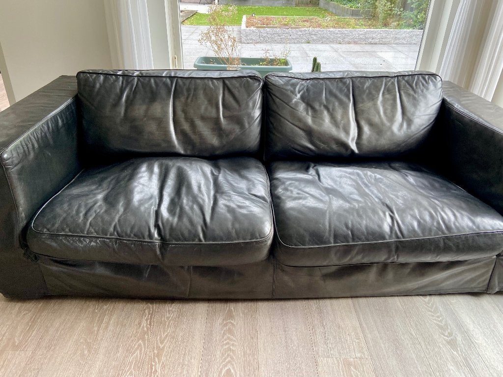 Twee 3-zits banken zwart Machalke, Ophalen, Gebruikt, Driepersoons, 75 tot 100 cm