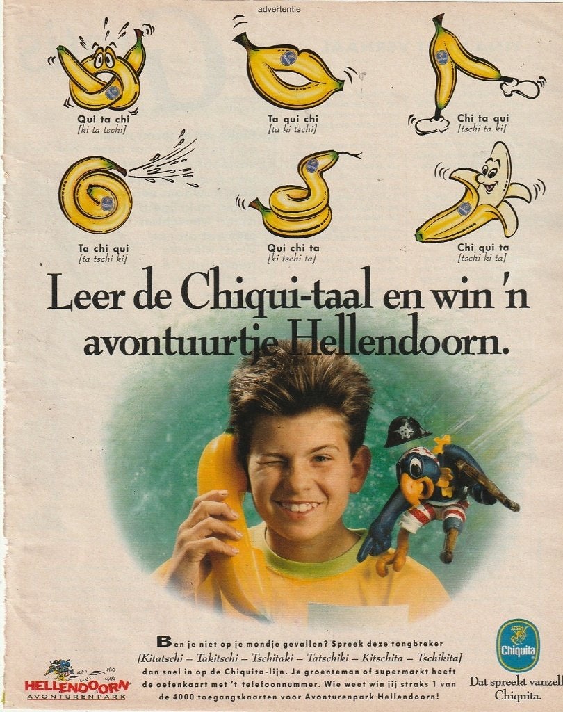 Retro reclame 1989 Chiquita bananen & Hellendoorn pretpark, Verzenden, Overige typen