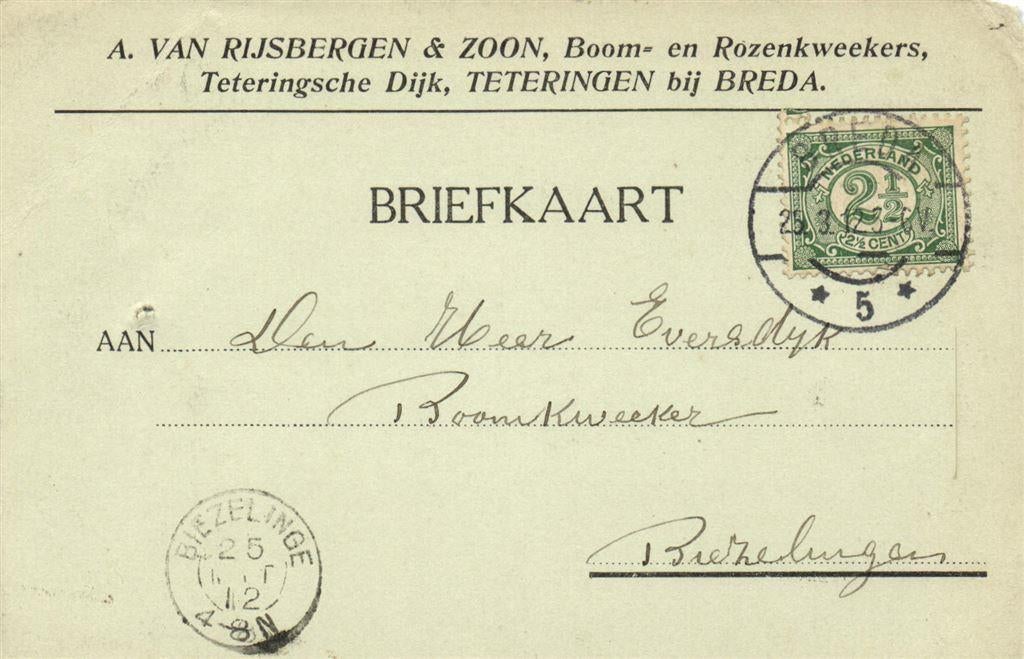 A. van Rijsbergen + Zoon, Teteringen bij Breda - 03.1912 - b, Ophalen of Verzenden, Briefkaart