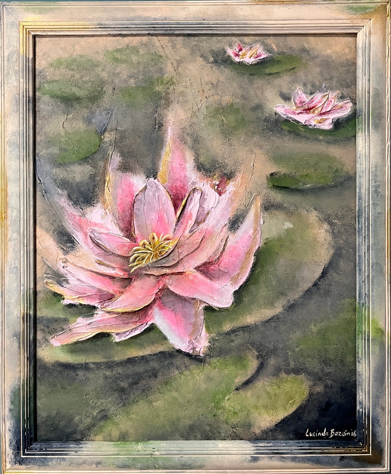 Waterlelie Schilderij met Reliëf en Gouden Highlights, Ophalen of Verzenden