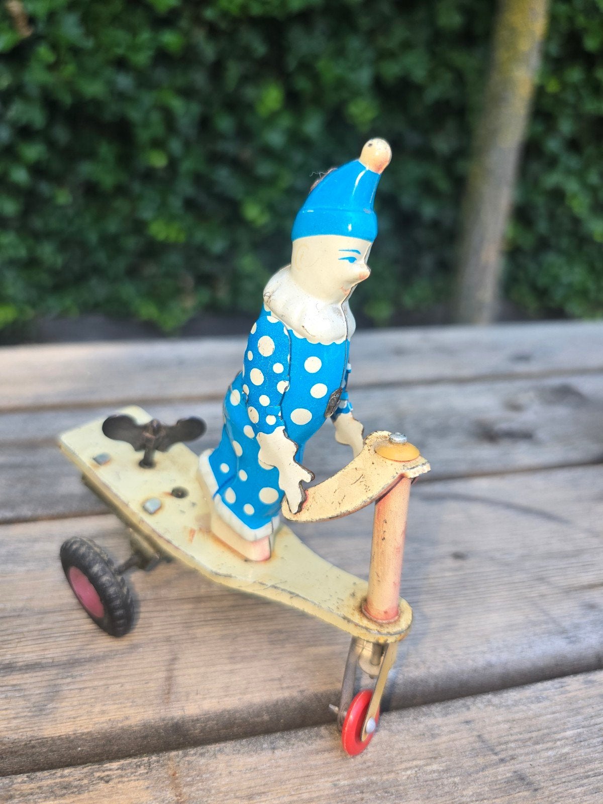 Antieke opwindclown op scooter - blikken speelgoed, Ophalen of Verzenden