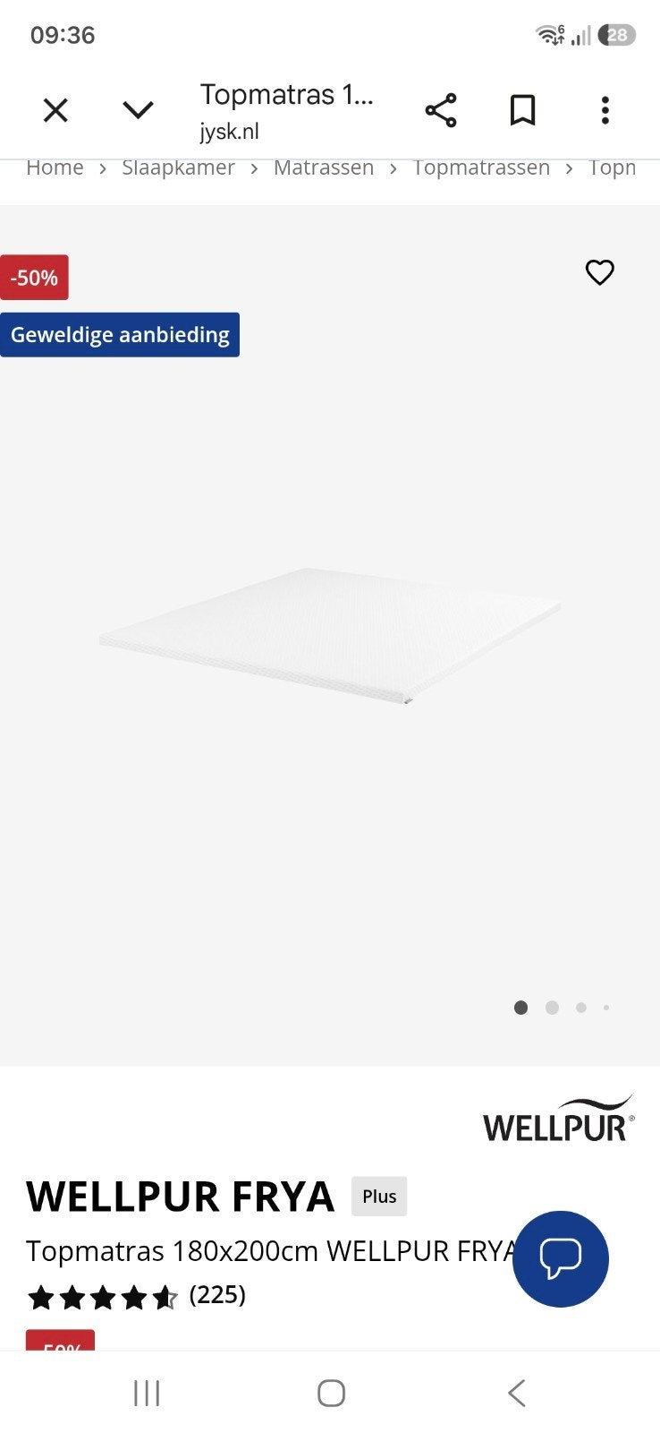WELLPUR FRYA Plus Topmatras 180x200cm, Tweepersoons, Ophalen of Verzenden, Zo goed als nieuw, Matras