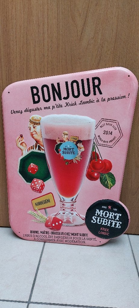 Prachtig reclamebord Mort Subite kriekbier, Ophalen of Verzenden, Nieuw, Reclamebord, Plaat of Schild, Overige merken