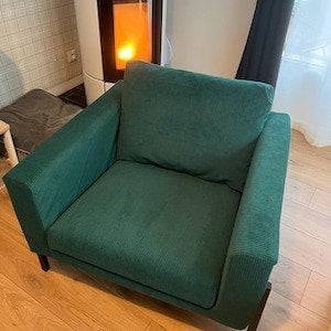 IKEA KOARP Fauteuil Donkergroen Velvet - Zo goed als nieuw, Huis en Inrichting, Fauteuils, Ophalen, Modern, Comfortabel, 75 tot 100 cm