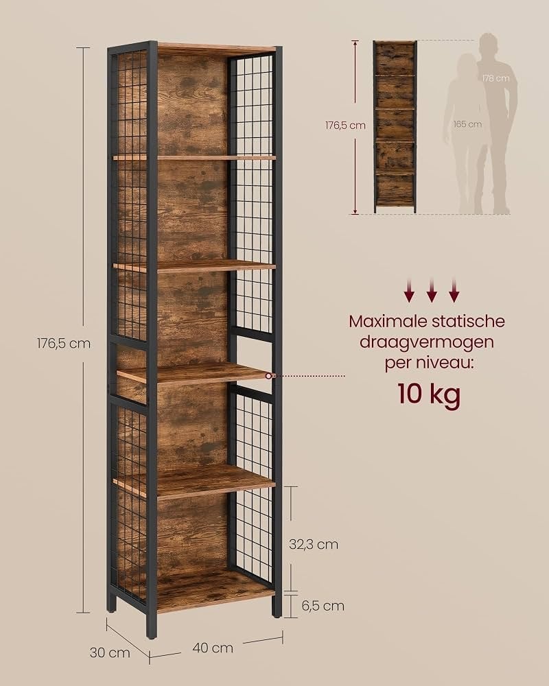 Boekenkast 6-laags,decoratiekast rustiek bruin en inktzwart, Huis en Inrichting, Met plank(en), Minder dan 50 cm, Nieuw, Ophalen of Verzenden
