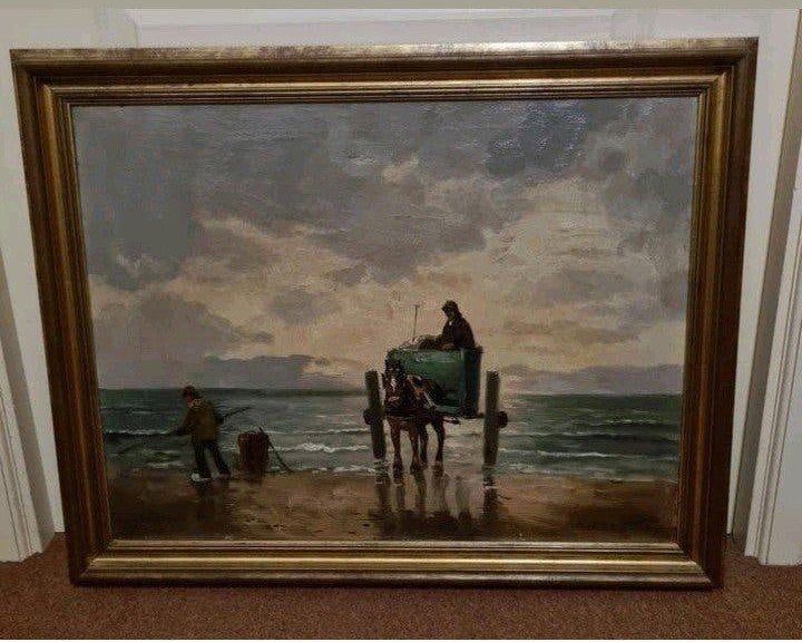 Willem de zwart Olieverf schilderij 76x60 cm schelpenvissers, Ophalen of Verzenden