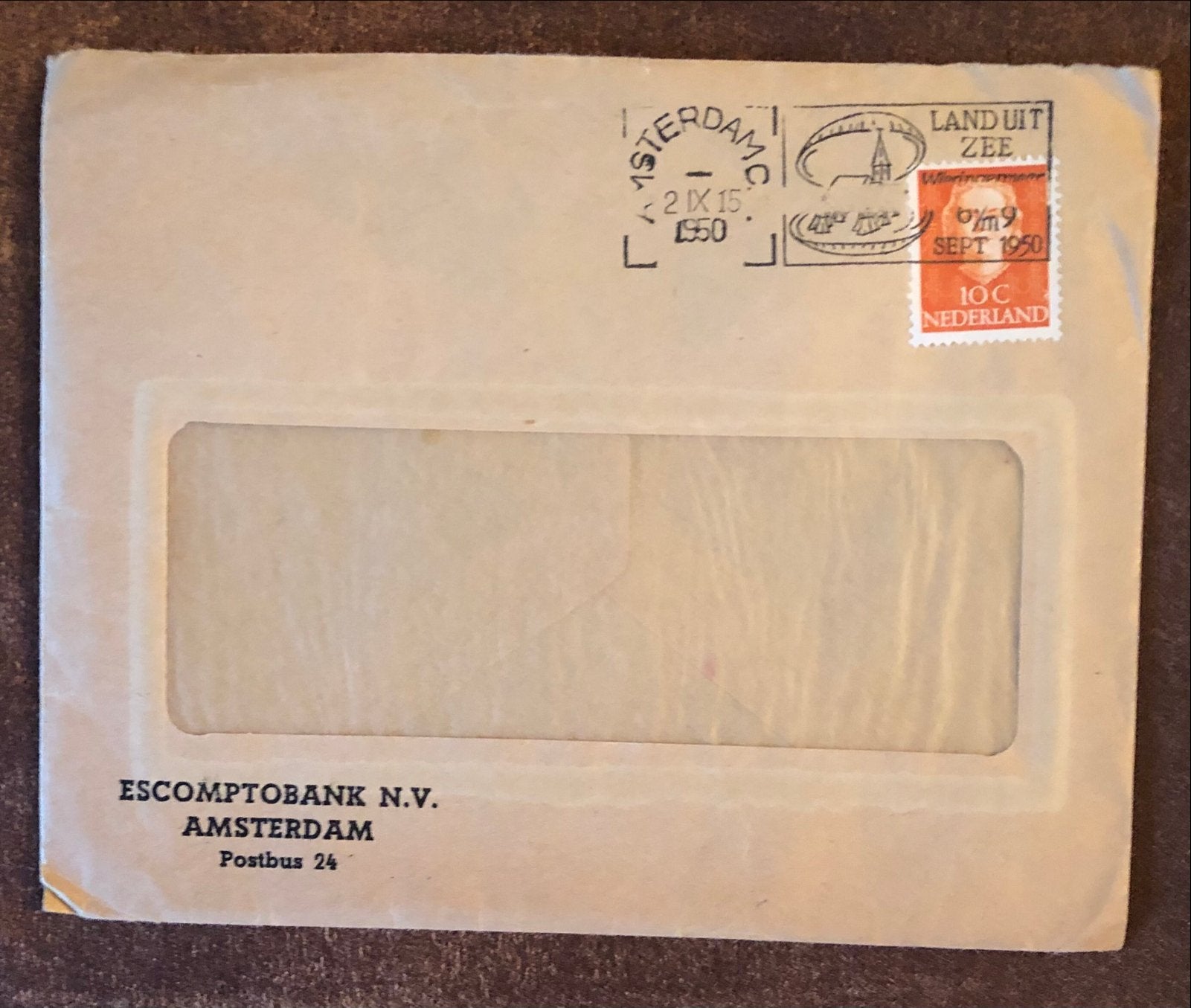 Oude Envelop Escomptobank Amsterdam 1950, Postzegels en Munten, Brieven en Enveloppen | Nederland, Ophalen of Verzenden, Envelop
