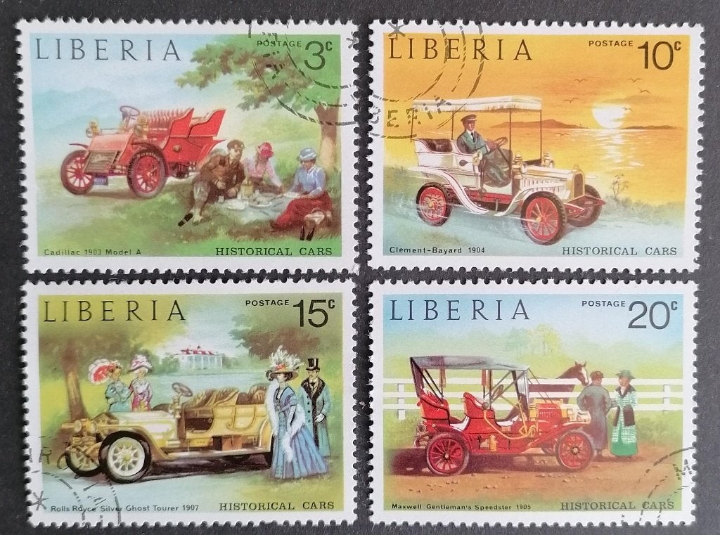 LIBERIA - antieke auto's 1973, Verzenden, Overige landen, Gestempeld