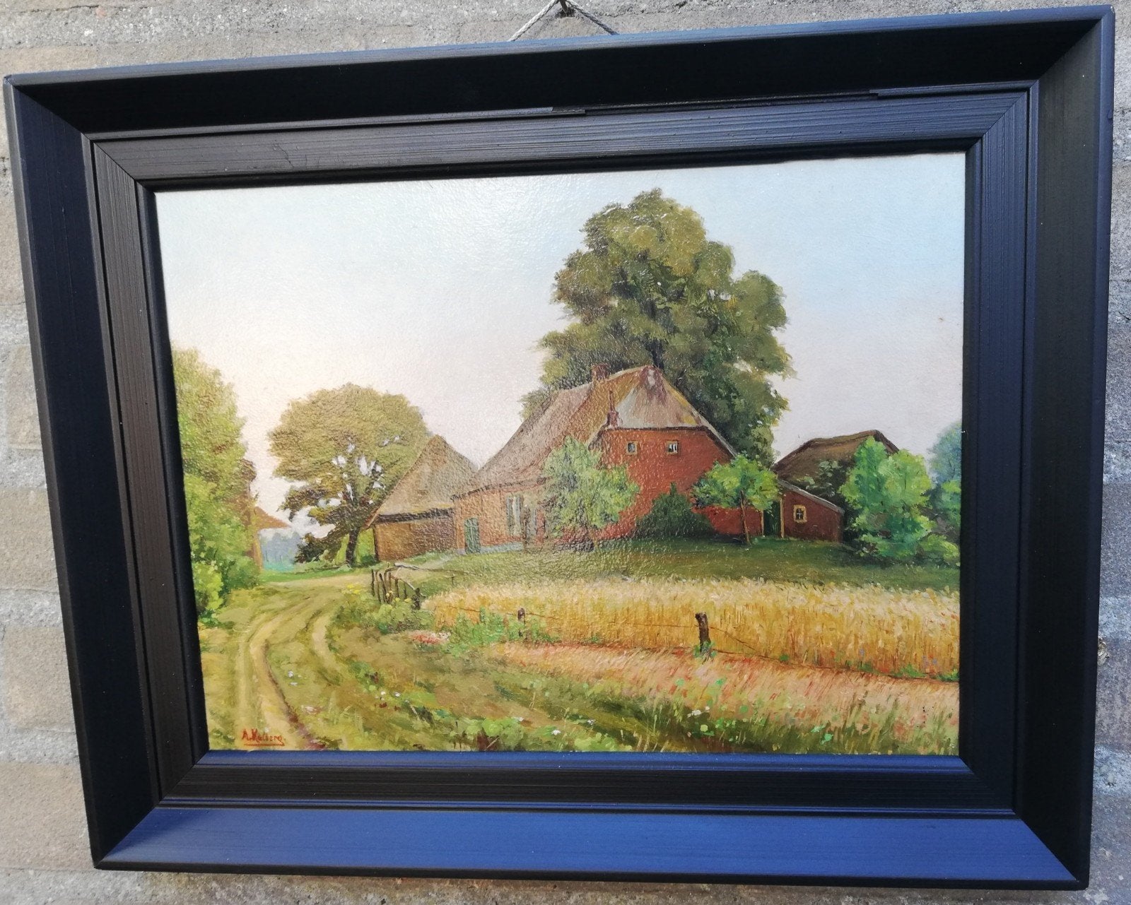 A. Kalberg, Boerenhoeve met graanveld. Olie/paneel. 40/32 cm, Ophalen, Paneel, Nederlandse school, Origineel werk