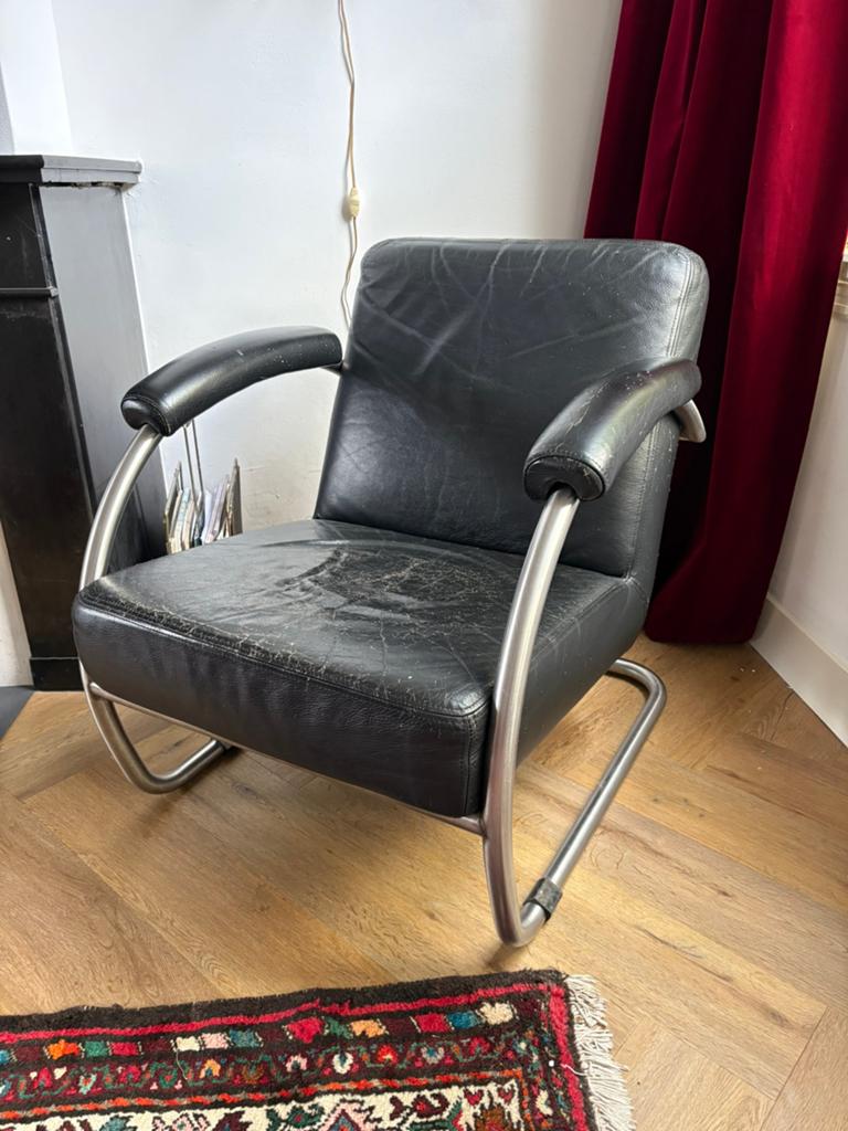 Mooie buisframe vintage fauteuils, Ophalen, Gebruikt, 50 tot 75 cm, Leer
