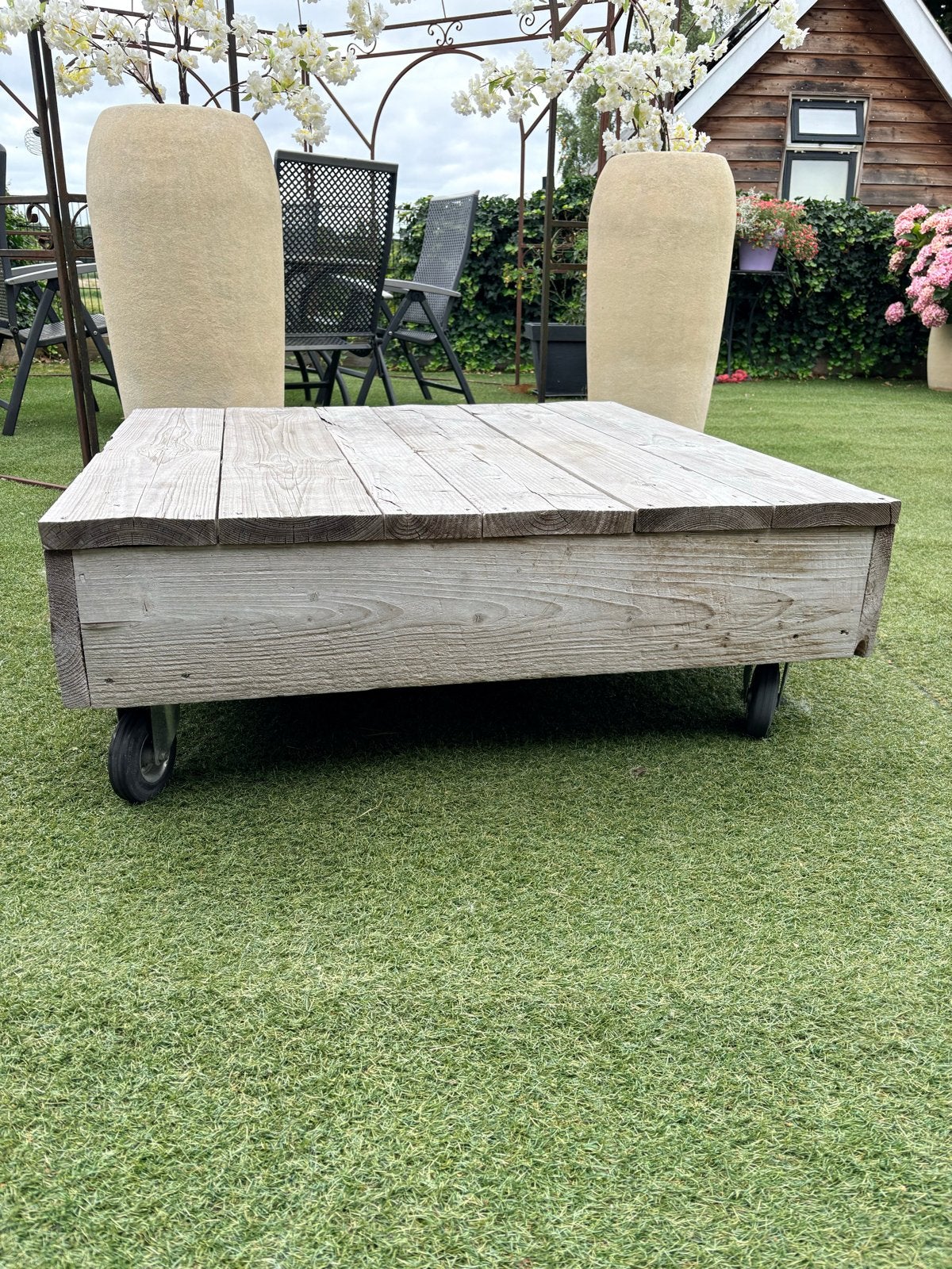 Steigerhouten salontafel en bijzetblok, Ophalen, Gebruikt, Steigerhout