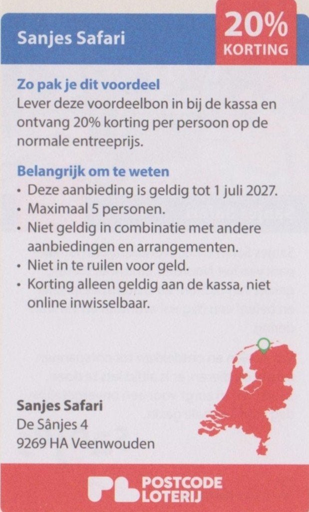 Sanjes Safari. Veenwouden. 20% korting. Postcodeloterij bon., Drie personen of meer, Kortingskaart