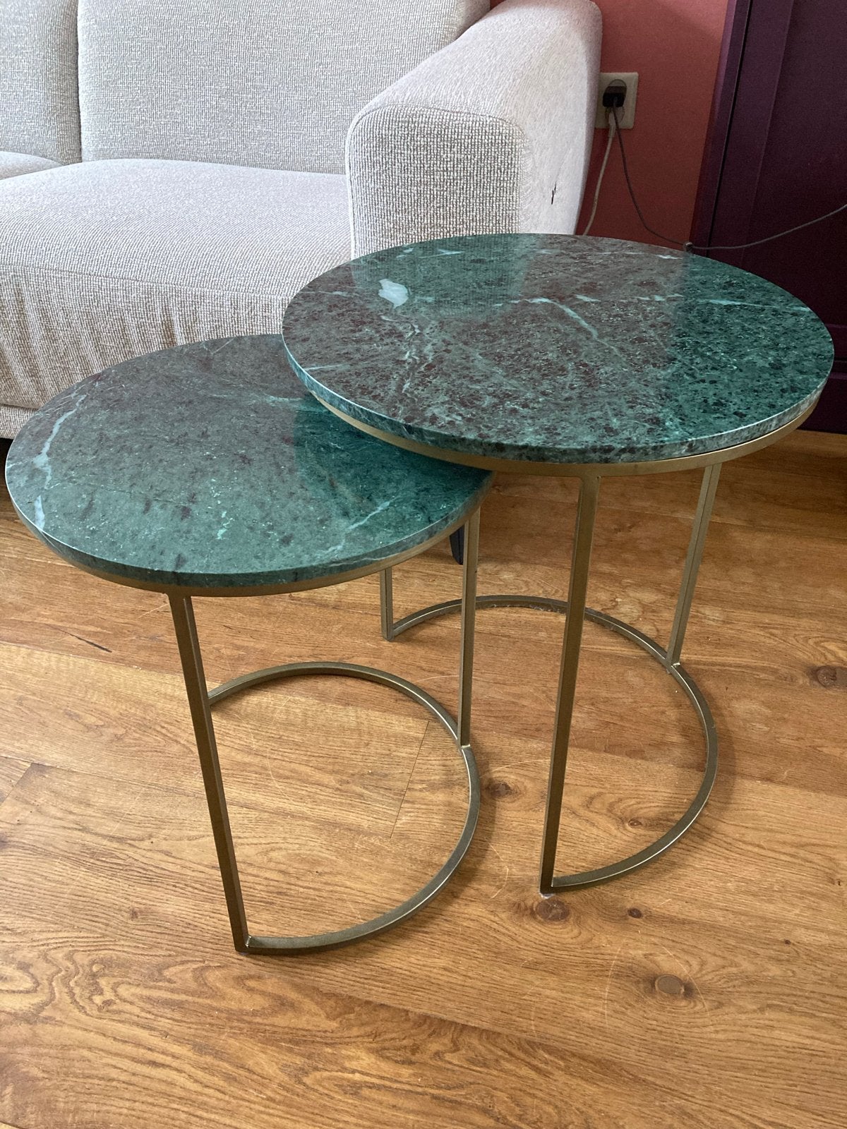 Set van 2 marmeren bijzettafels - Groen marmer, Ophalen, Minder dan 45 cm, Minder dan 55 cm, Metaal of Aluminium