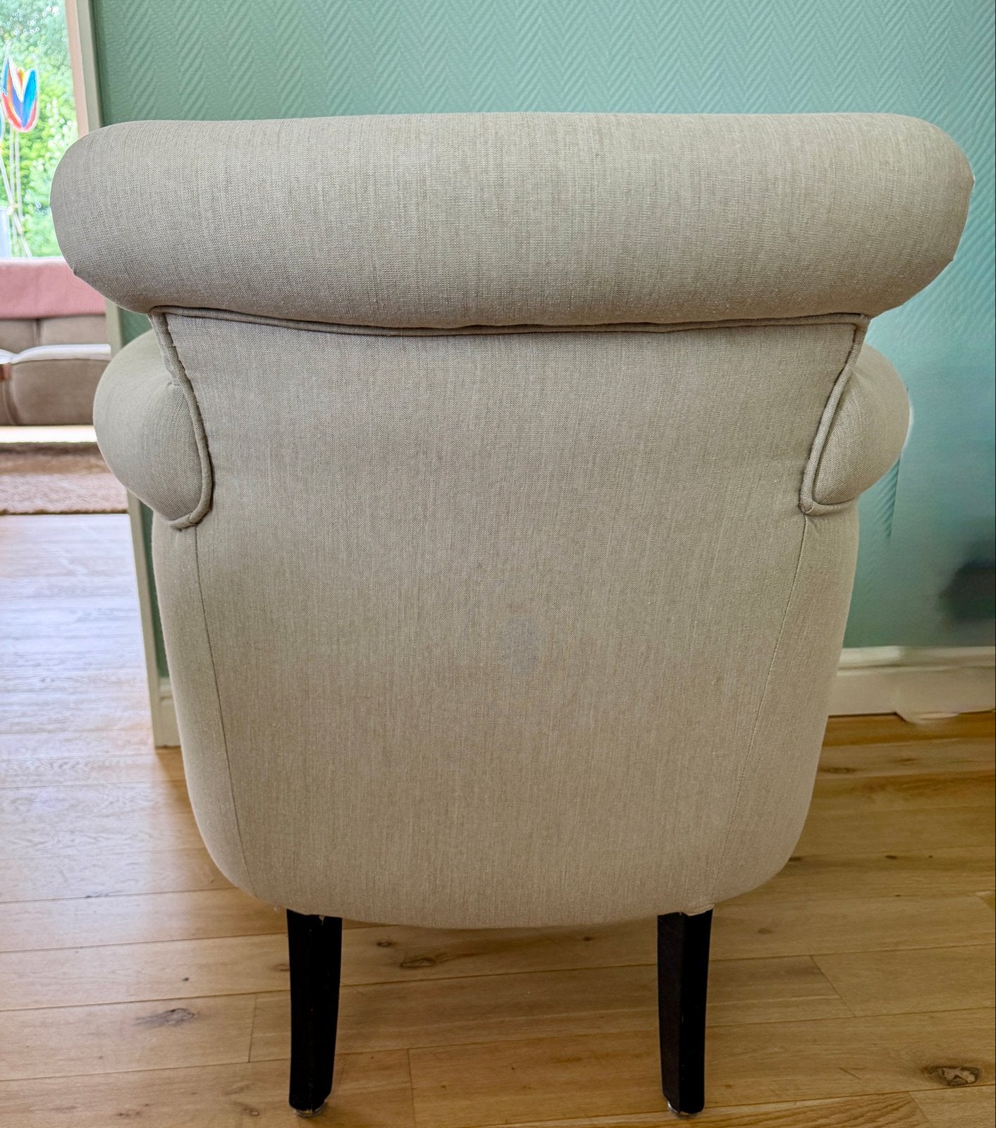 Comfortabele fauteuil in lichte stof, Huis en Inrichting, Fauteuils, Ophalen, Gebruikt, 75 tot 100 cm, Stof