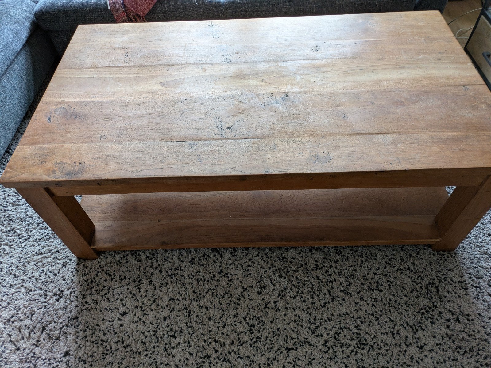 T.E.A.B. Robuuste houten salontafel met opbergplank, Gebruikt, 100 tot 150 cm, Robuust, Landelijk, Overige houtsoorten