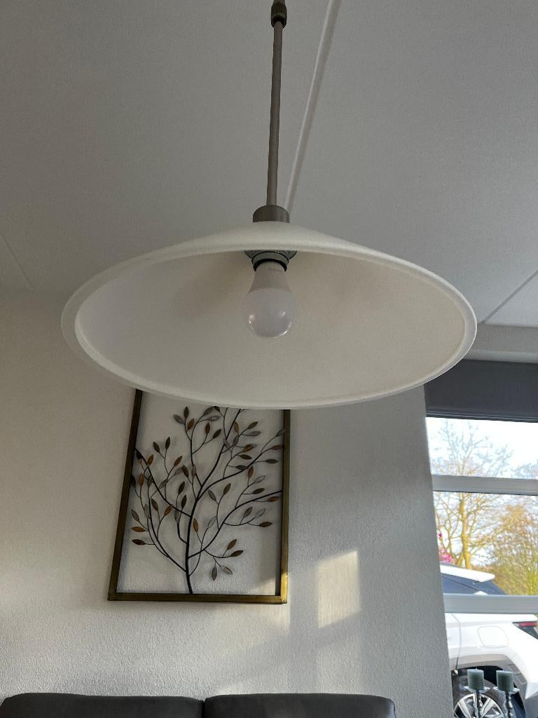 Steinhauer hanglamp van geborsteld staal met melkglas, Huis en Inrichting, Ophalen, Gebruikt, Glas, 75 cm of meer