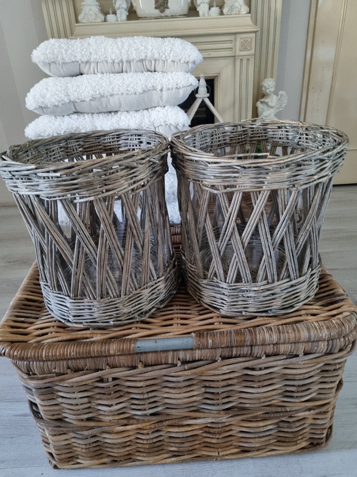 Rattan rieten windlichten groot glas, Huis en Inrichting, Woonaccessoires | Kandelaars en Kaarsen, Ophalen of Verzenden, Glas
