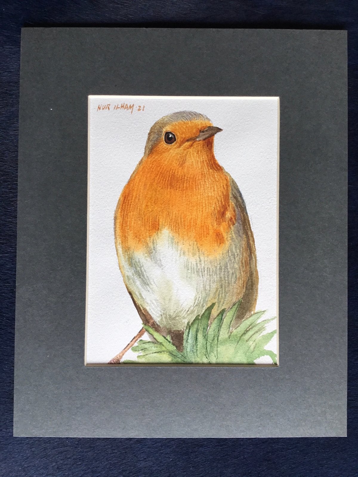 Aquarel Roodborstje - Nur Ilham - Colourful Birds, Antiek en Kunst, Kunst | Schilderijen | Modern, Aquarel, Handgeschilderd, Papier/karton