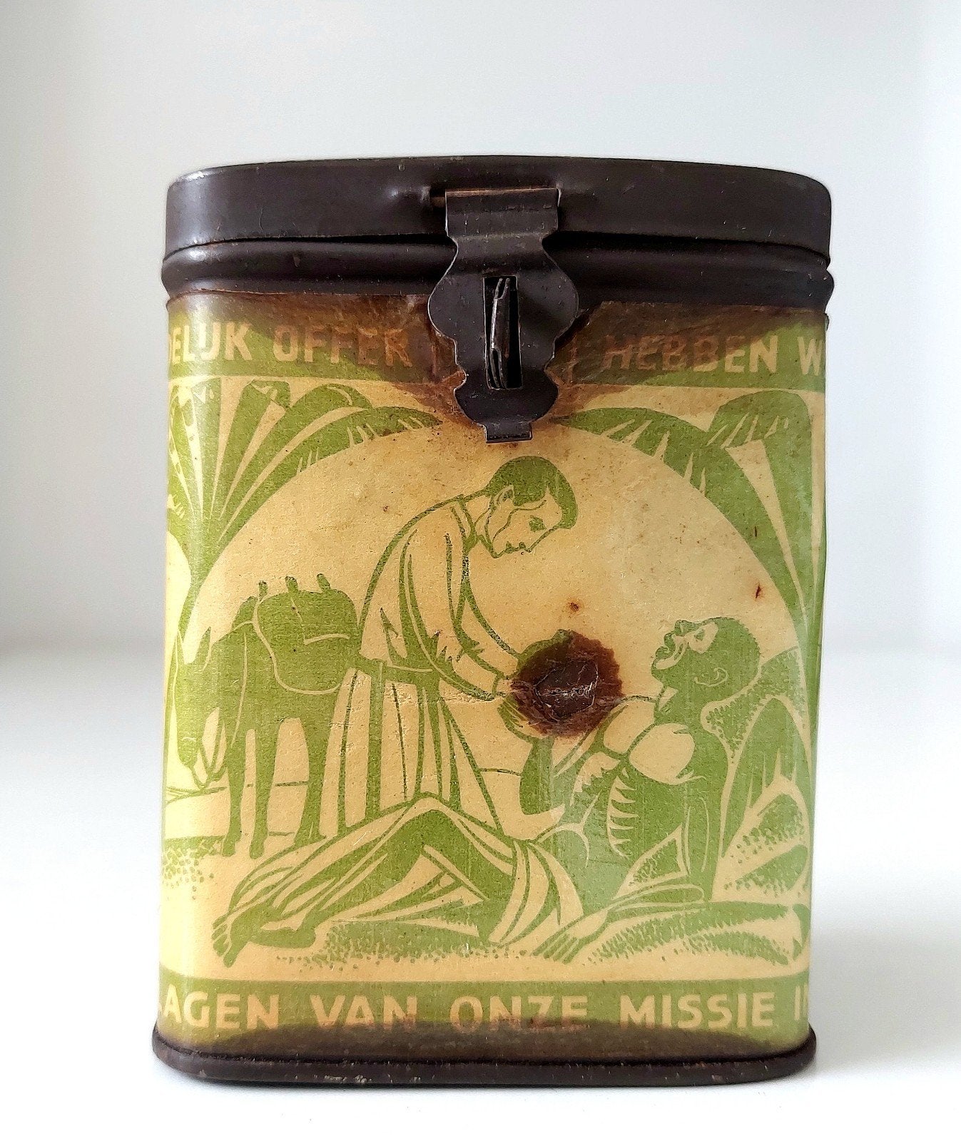 Oud Blikken Missiebusje voor Afrika Tanganyka Religie, Verzamelen, Blikken, Verzenden, Gebruikt, Overige