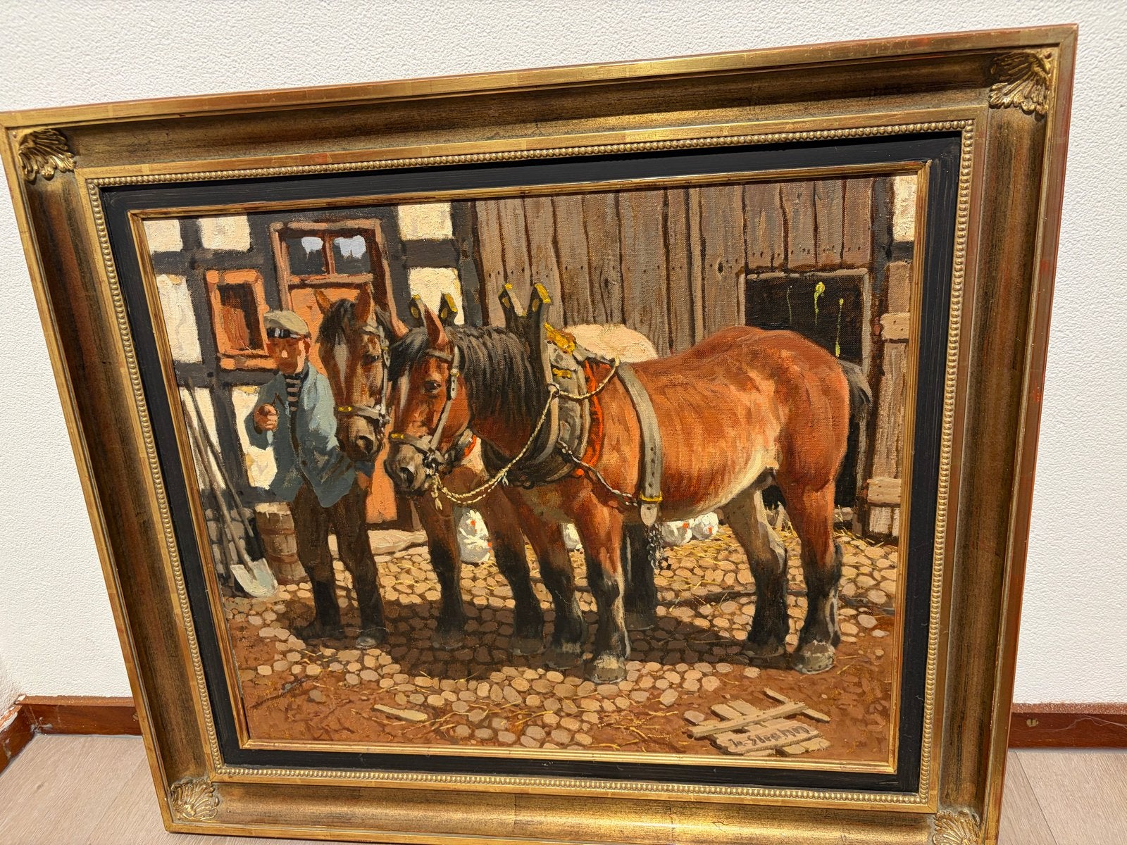 Olieverfschilderij Peter Josef Strahm: Boer met paarden, Ophalen, Doek, Realistisch, Dieren