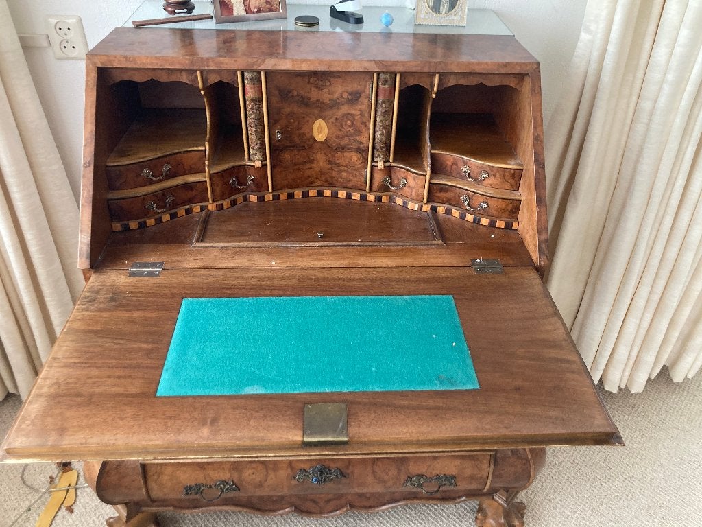 Antiek wortelnotenhout secretaire mahoniefineer hout bureau, Ophalen, Gebruikt, Antiek