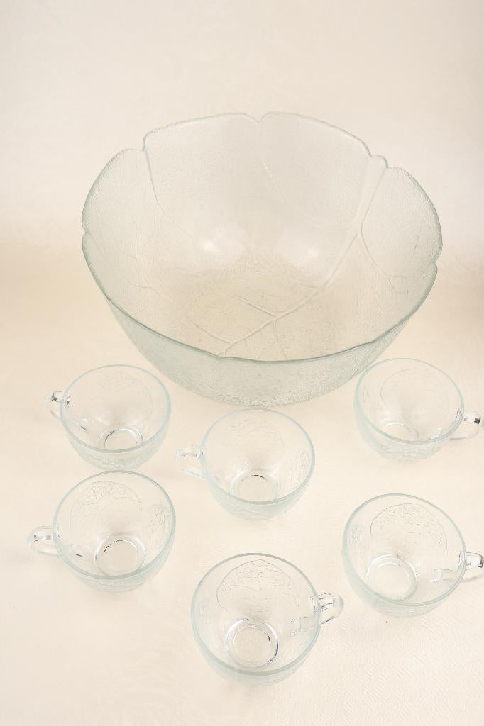 Glazen punchset / bowl met 6 kopjes – bladmotief, Antiek en Kunst, Ophalen of Verzenden