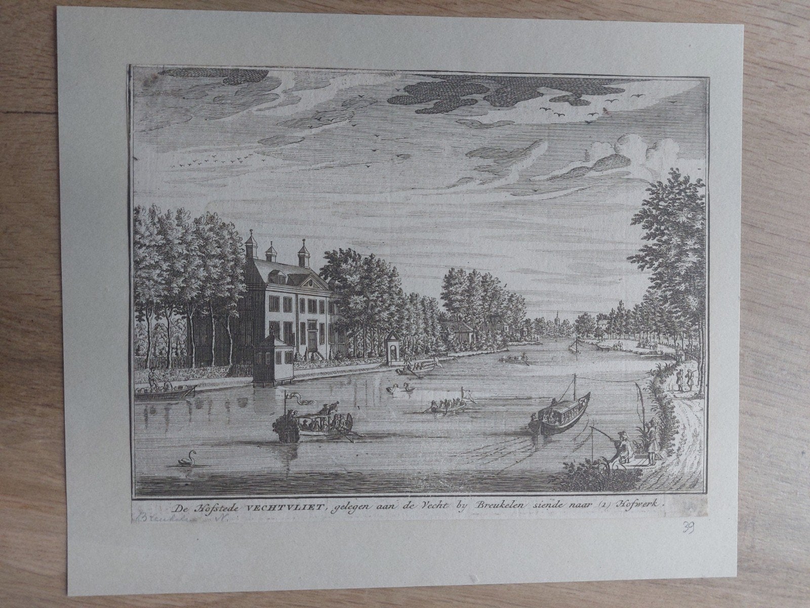 39 / Hofstede Vechtvliet bij Breukelen - gravure uit 1719, Antiek en Kunst, Stadsgezicht, Blanco verso, Ophalen of Verzenden, Gravure