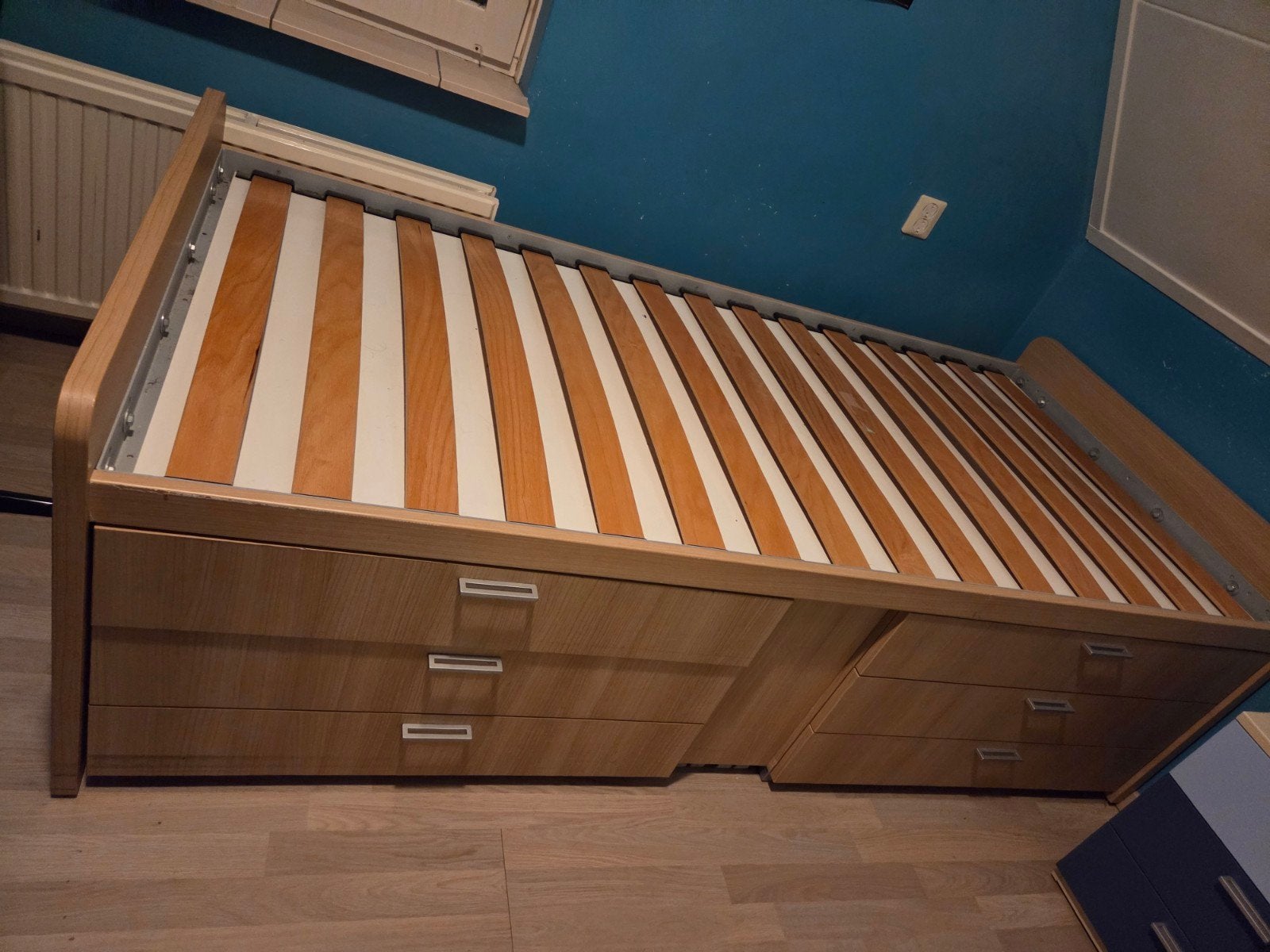 Eenpersoonsbed (90×200)  met opberglades - Gebruikt, Huis en Inrichting, Ophalen, Gebruikt, 90 cm, 200 cm