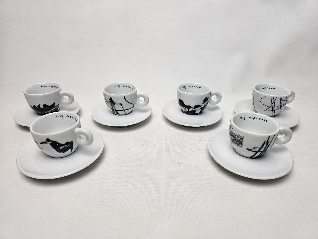 # 6 Illy Art Collection 1997 Espresso Kop Schotels Giacomel, Gebruikt, Ophalen of Verzenden, Overige stijlen, Kop(pen) en/of Schotel(s)
