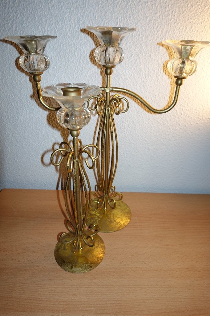 Kandelaars goudkleurig glas Kerst romantisch dineren, Ophalen of Verzenden, Zo goed als nieuw, Metaal, Kandelaar