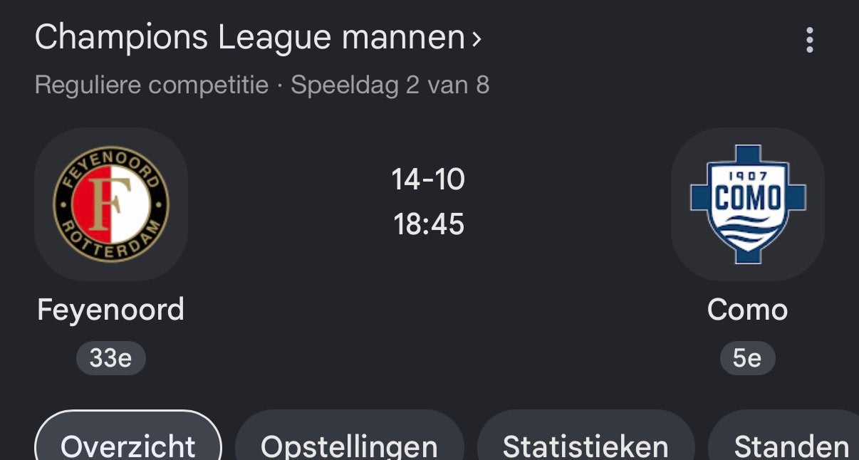 2 tickets Feyenoord Como vak O, Eén persoon, Oktober