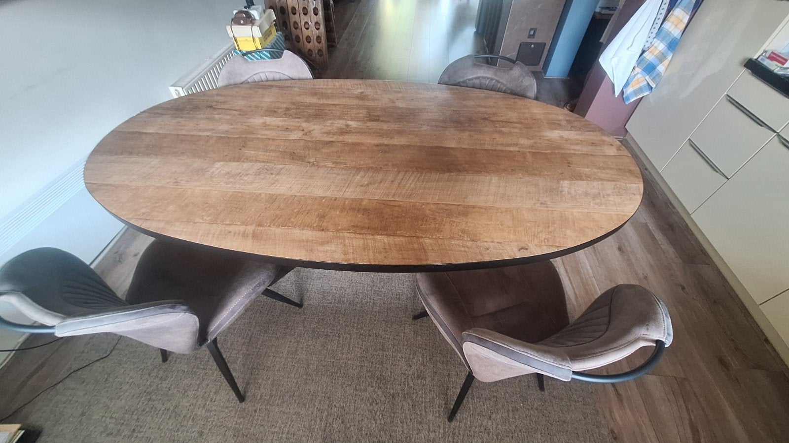 Ovale eettafel (2.20x1.20m) met 4 stoelen, Ophalen, Gebruikt, 100 tot 150 cm, Eikenhout