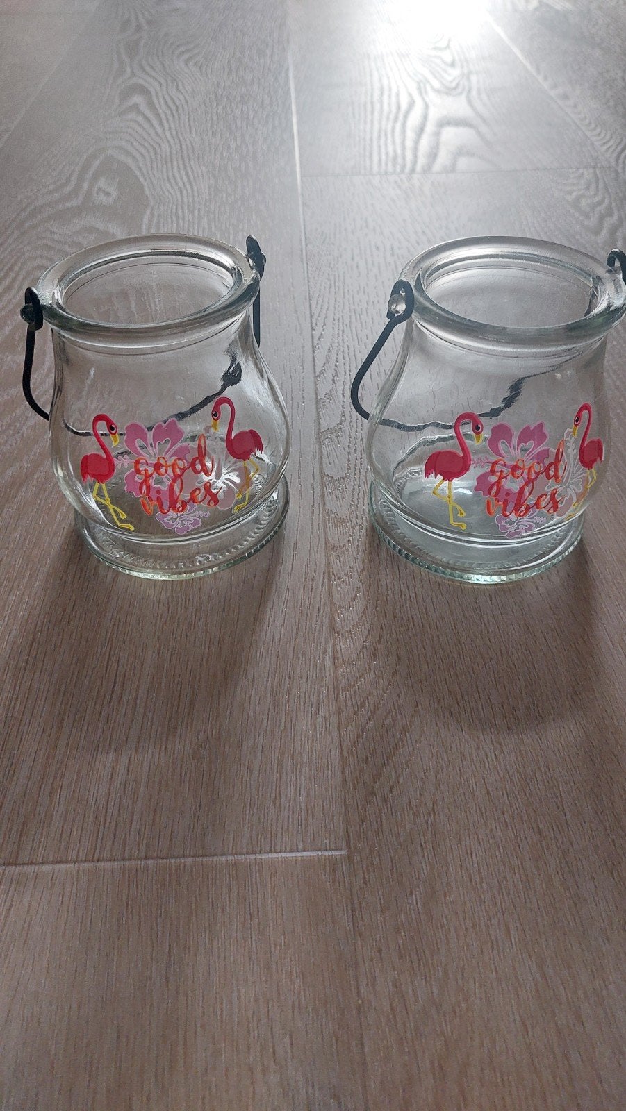 Set van 2 glazen windlichten met flamingo's - Good Vibes, Windlicht, Meerkleurig, Overige merken, Ophalen of Verzenden
