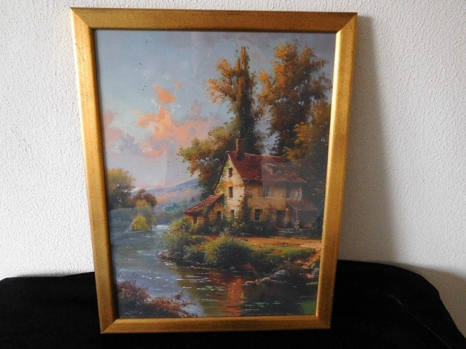 Prent Natuur Portret Oud huis aan rivier op Canvas papier in, Ophalen, Gebruikt, 44 cm, Ingelijst