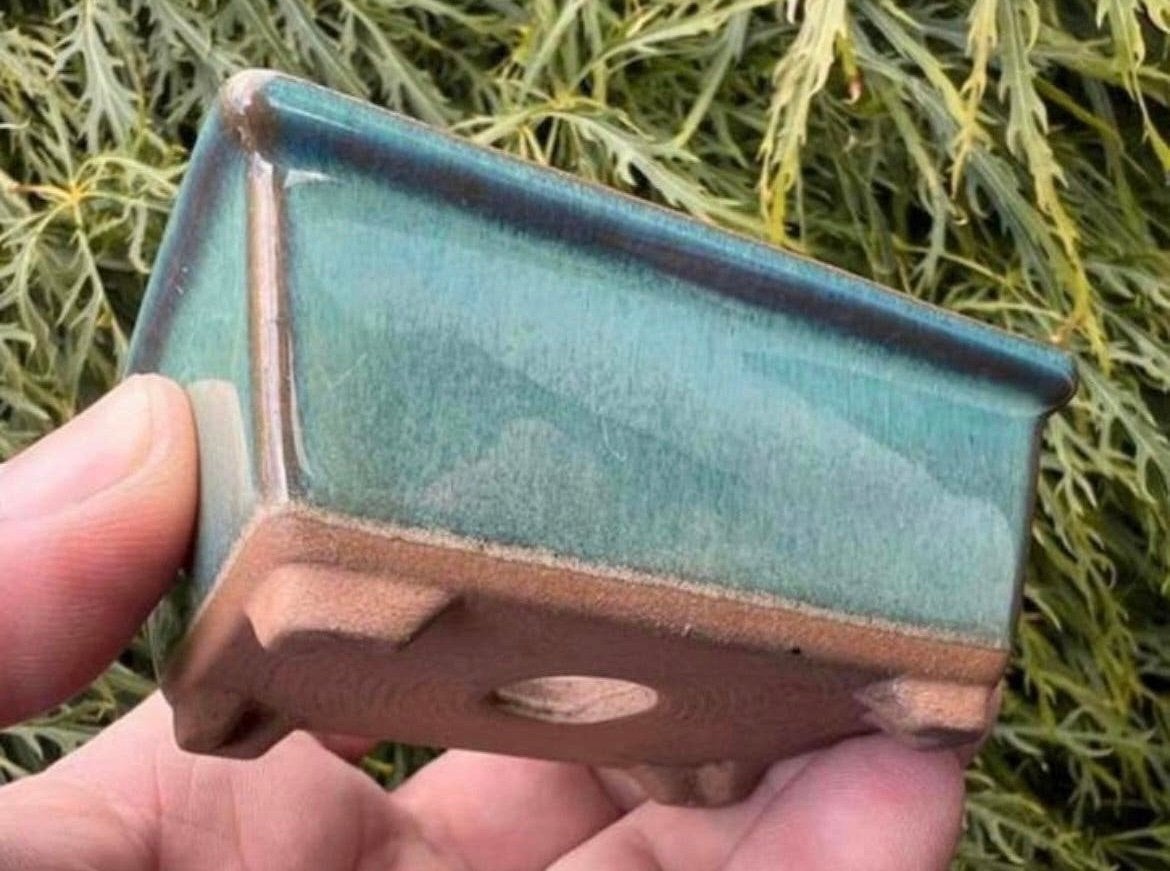 Bonsai schaal blauw-groen geglazuurd Japans 8,4x6,3x3,6, Ophalen of Verzenden, Zo goed als nieuw, Aardewerk, Rechthoekig