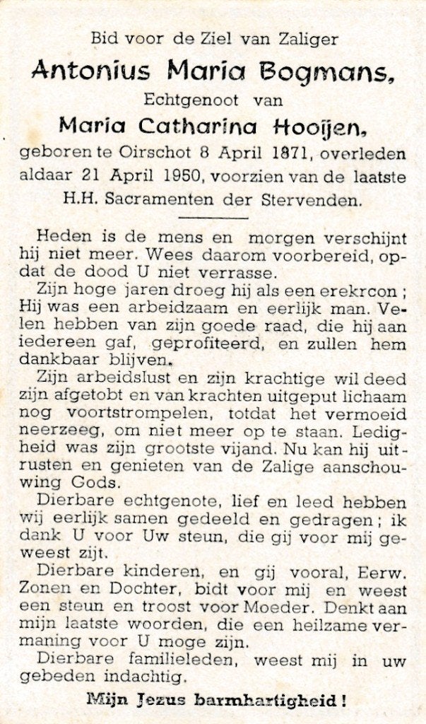 Bogmans Antonius 1871 Oirschot 1950, Ophalen of Verzenden, Bidprentje